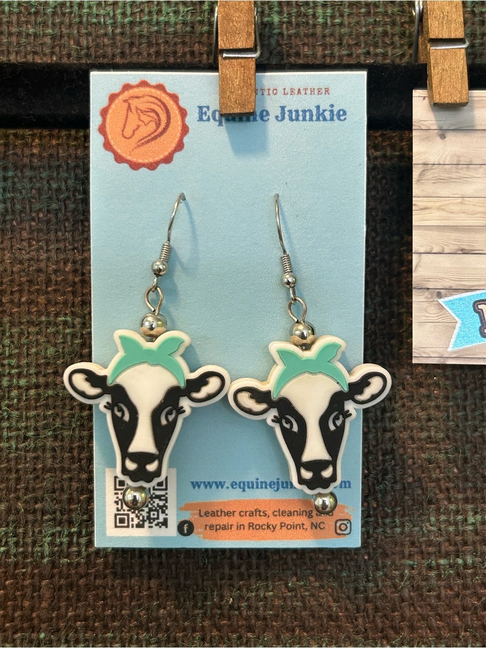 Mint-Accent Cow Head Dangle Earrings